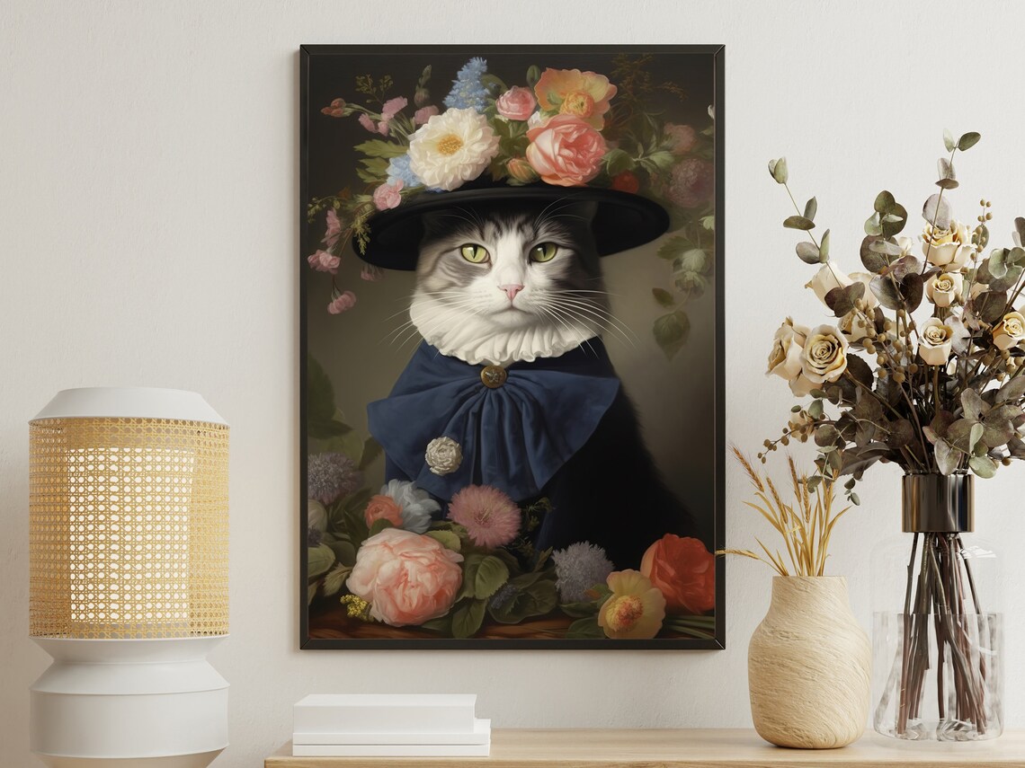 Victorian Cat Lady Hat Flowers Bow Tie Floral Pet Portrait Art Poster