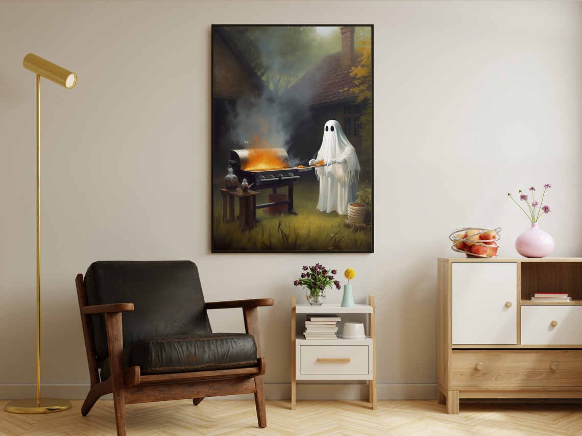 Funny Ghost Grilling Barbecue Cottage Backyard Vintage Art Poster - Image 3