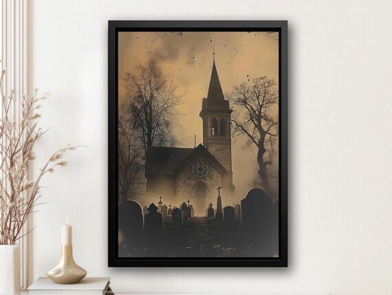 Vintage Sepia Church Behind Misty Graveyard Spooky Photo Style Poster