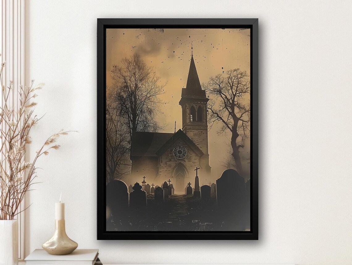 Vintage Sepia Church Behind Misty Graveyard Spooky Photo Style Poster