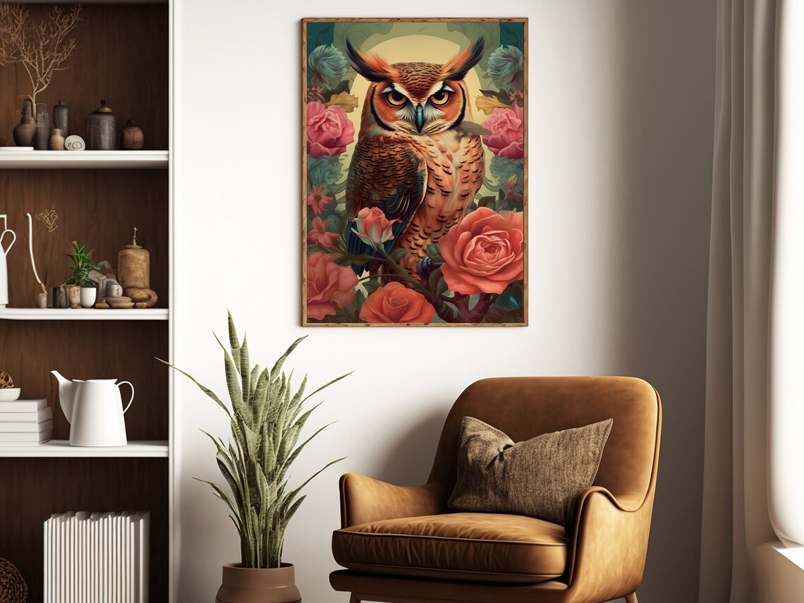 Great Horned Owl Roses Golden Halo Botanical Art Nouveau Poster - Image 2
