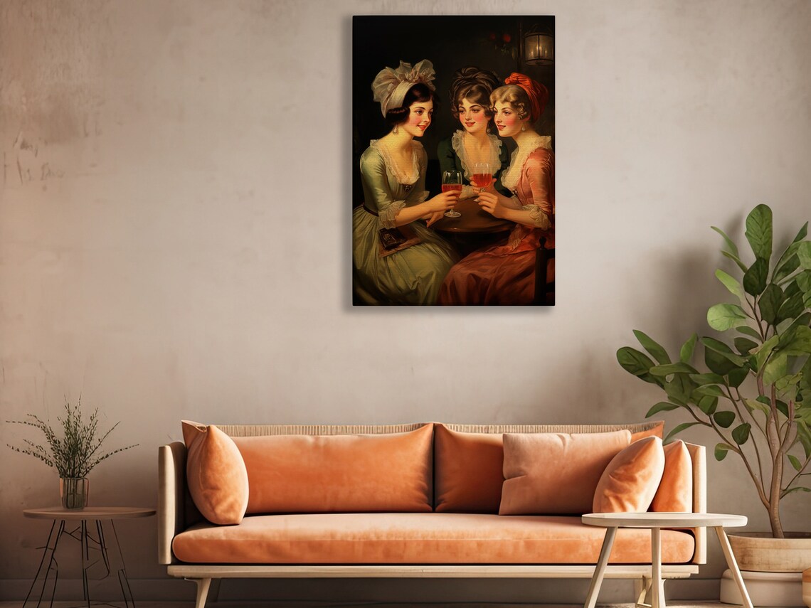 Victorian Ladies Toasting Wine Glasses Elegant Vintage Oil Painting Wall Art - Image 4