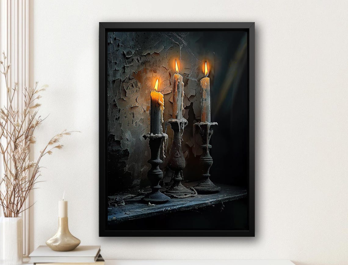 Three Burning Black Candles Dripping Wax Gothic Still Life Art Poster