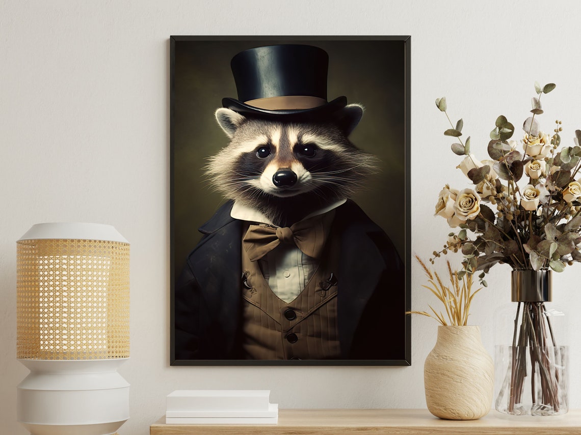 Victorian Raccoon In Top Hat Dapper Gentleman Portrait Art Poster