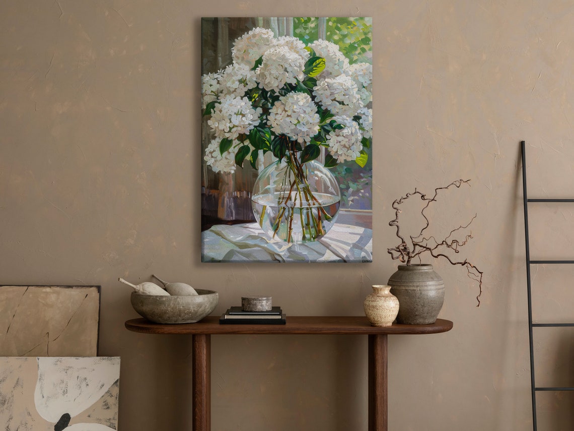 White Hydrangea Blooms Glass Vase Sunlit Window Floral Art Poster - Image 3
