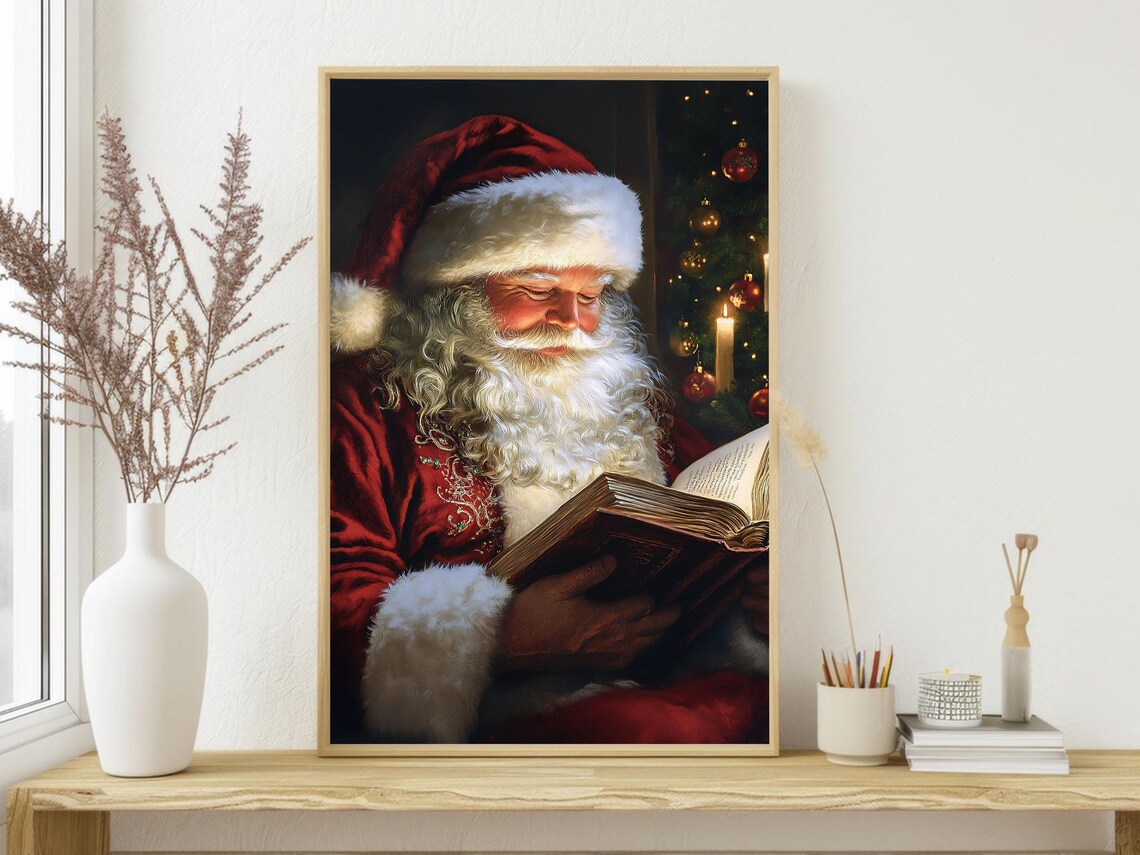 Vintage Santa Reading Book Christmas Art Print - Image 3