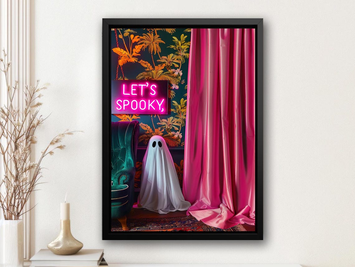 Let's Spooky Neon Sign Ghost Pink Curtain Maximalist Halloween Poster