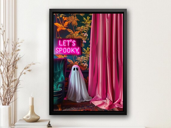 Let's Spooky Neon Sign Ghost Pink Curtain Maximalist Halloween Poster