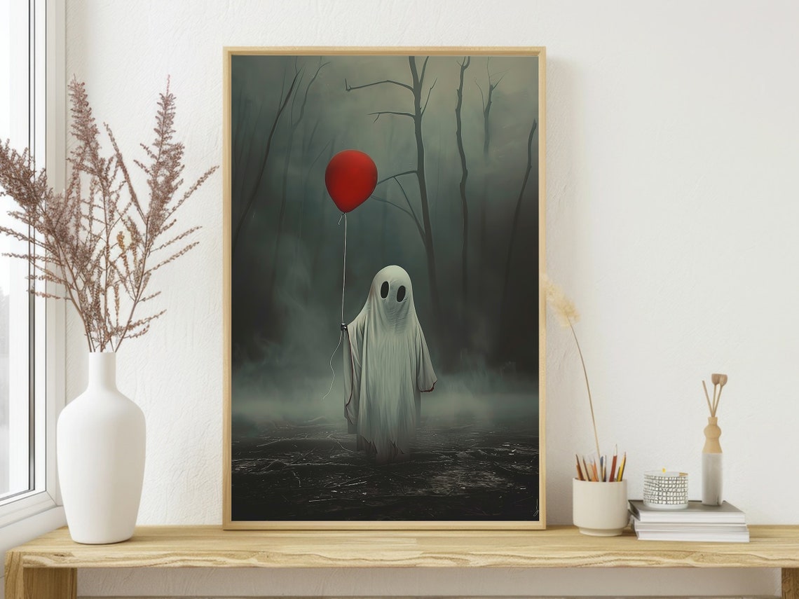 Cute Ghost Holding Red Balloon in Dark Misty Forest Halloween Poster - Image 3