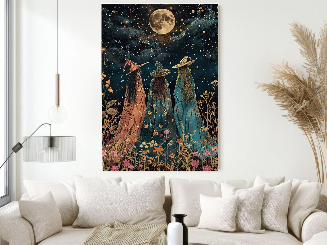 Three Witches Gazing at Full Moon Starry Night Wildflower Field Poster - Image 2