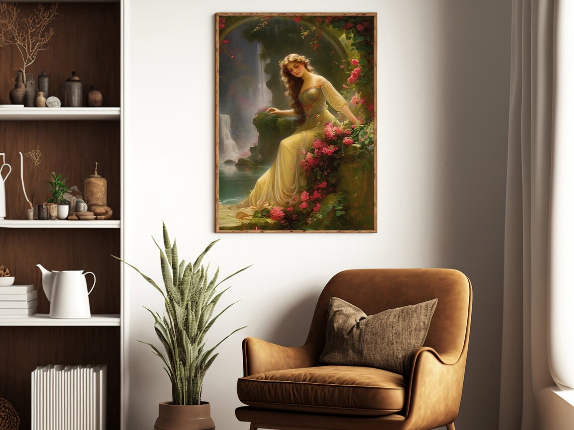 Woman In Flowing Yellow Gown By Waterfall Among Pink Flowers Romantic Poster - Image 2