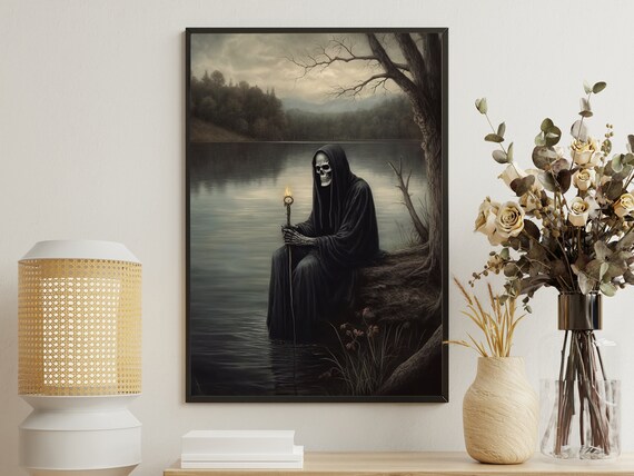 Hooded Grim Reaper Resting By A Misty Lake Holding A Candle Poster