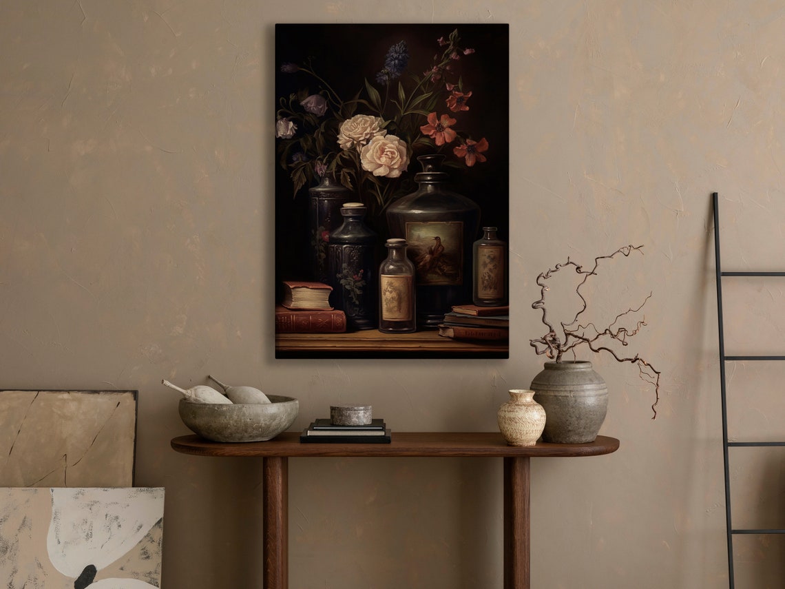 Dark Academia Floral Still Life Roses Antique Bottles Wall Poster - Image 2