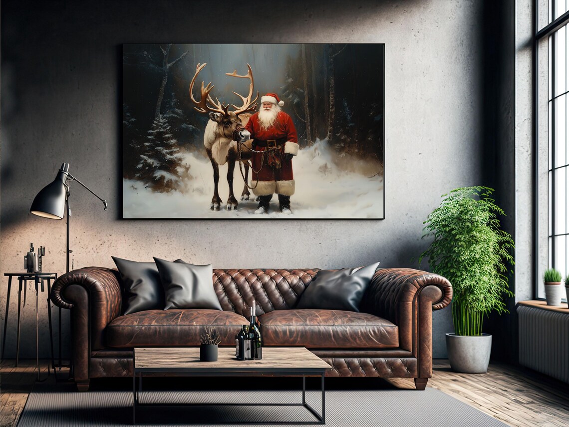 Vintage Santa And Reindeer Christmas Art Print - Image 3