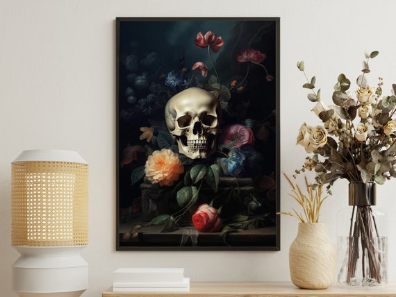 Dark Floral Skull Painting Skull Art Print Skull Print Gothic Art Print Dark Academia Art Skull Poster Print Skull Wall Decor