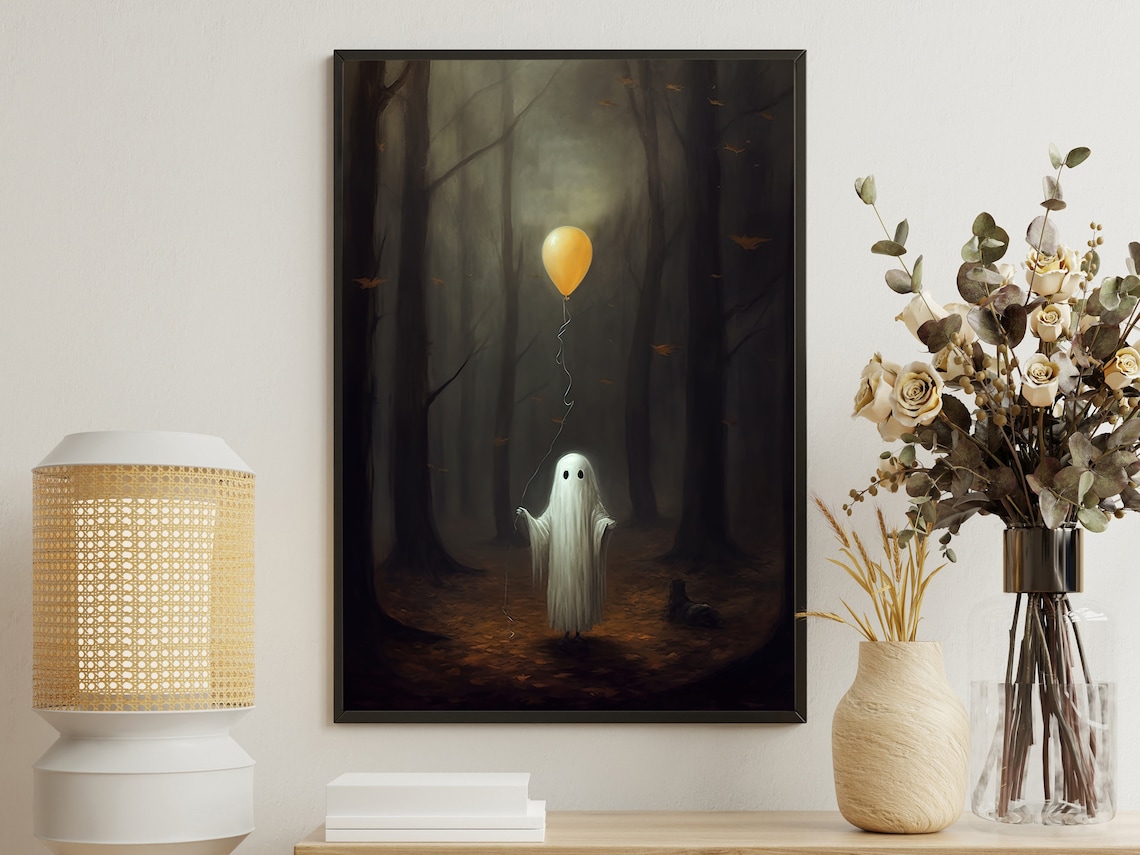 Cute Ghost Yellow Balloon Misty Autumn Forest Spooky Art Poster