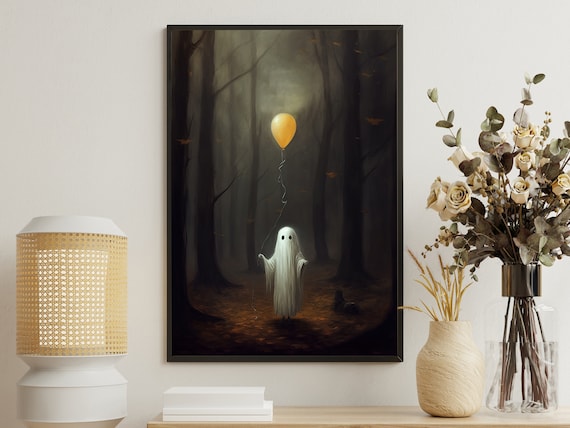 Cute Ghost Yellow Balloon Misty Autumn Forest Spooky Art Poster