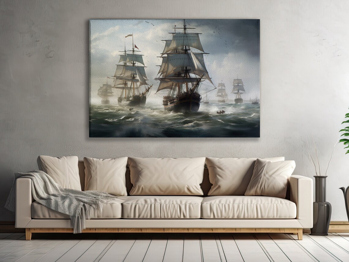 Tall Masted Sailing Ships Stormy Sea Dramatic Vintage Nautical Adventure Print - Image 4