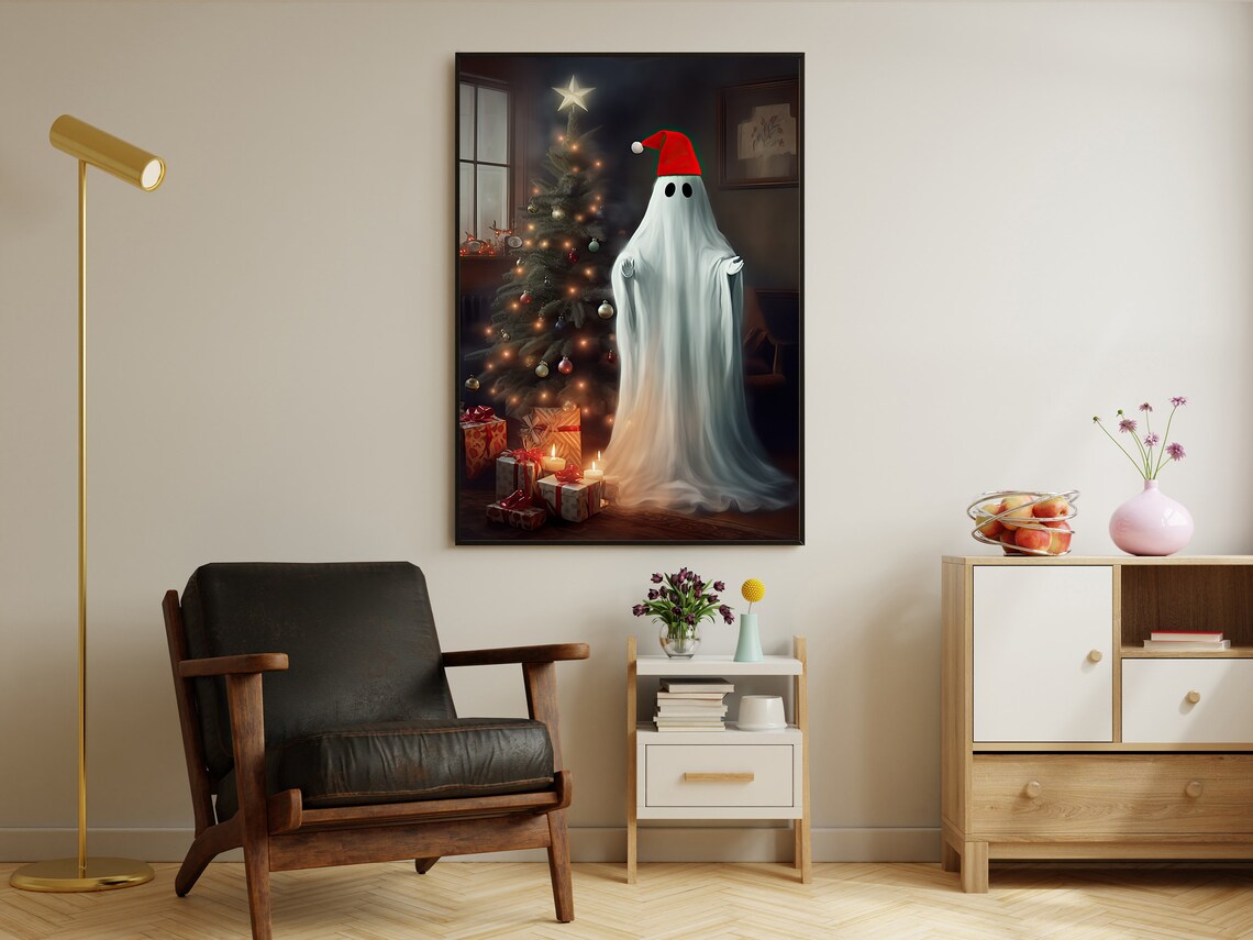 Christmas Ghost Beside Xmas Tree, Dark Gothic Art Print - Image 3