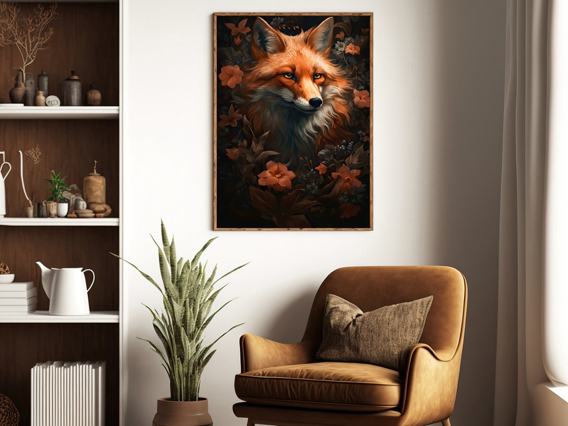 Red Fox Portrait Among Dark Florals Dramatic Wildlife Art Print - Image 2