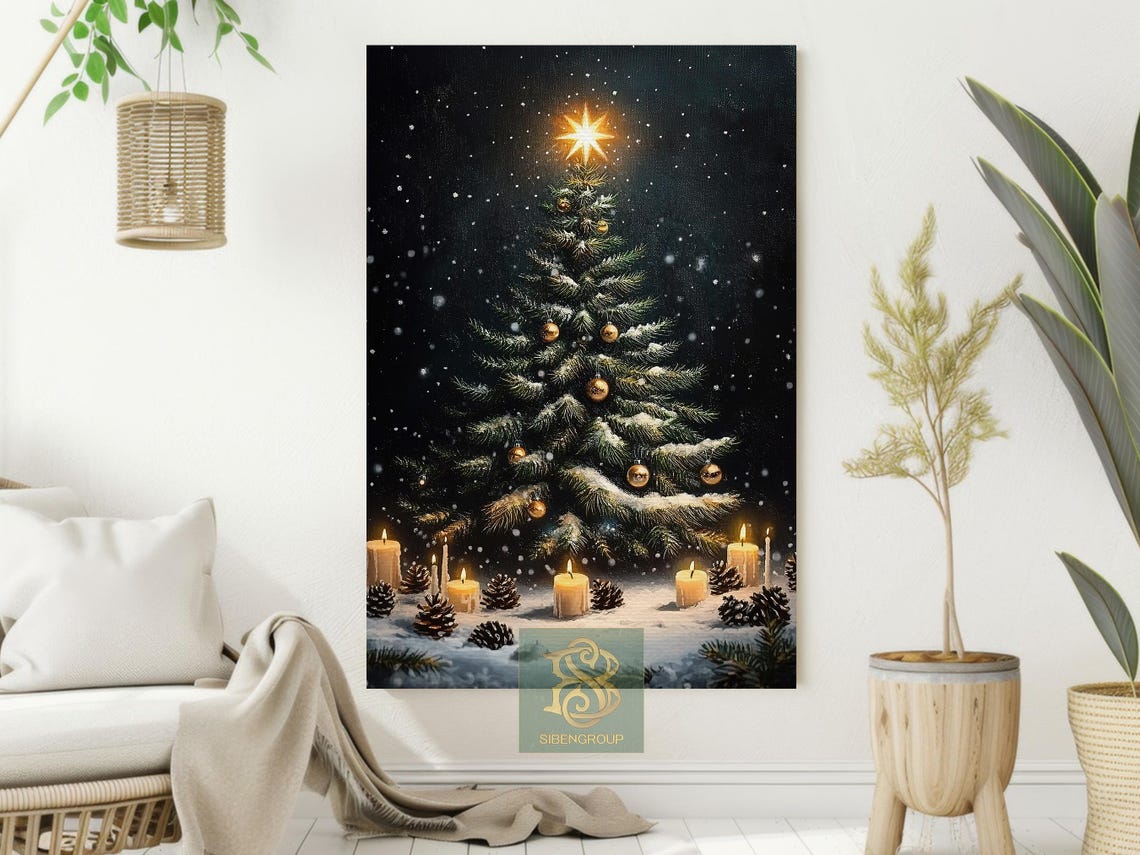 Snowy Christmas Tree at Night With Glowing Star and Candles Poster - Image 2