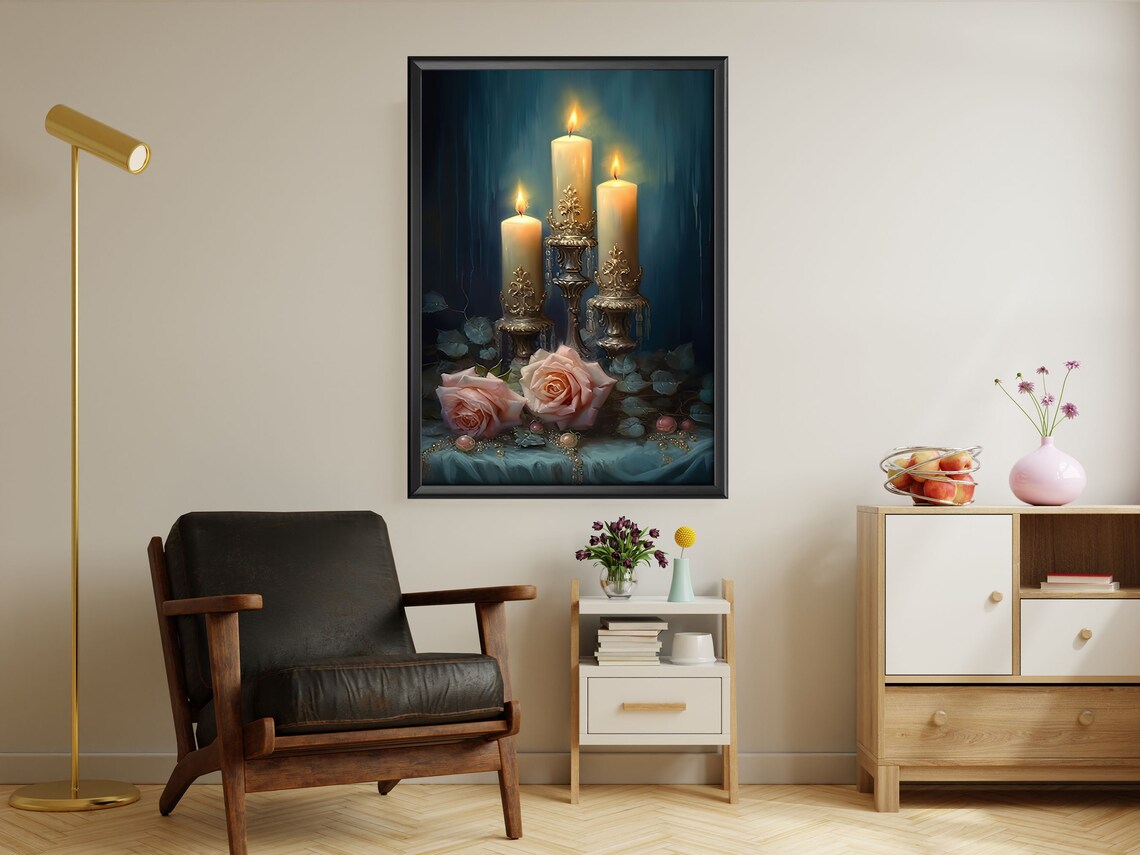Three Candle Holders Blush Roses Teal Drapery Romantic Still Life Art Poster - Image 3