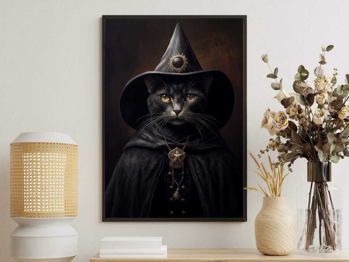 Black Cat Wizard Portrait Pointed Hat Mystical Gothic Halloween Magic Poster