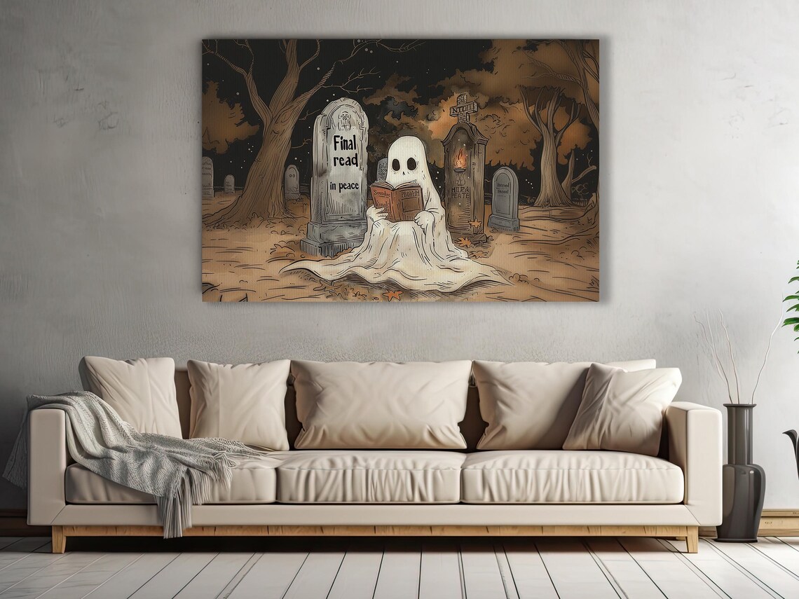 Cute Ghost Reading Final Read in Peace Cemetery Cartoon Halloween Poster - Image 2