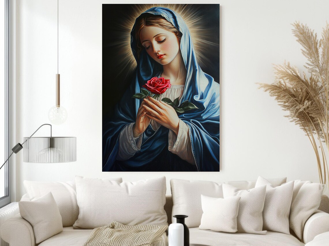 Virgin Mary Blue Veil Red Rose Halo Vintage Religious Painting Print - Image 4