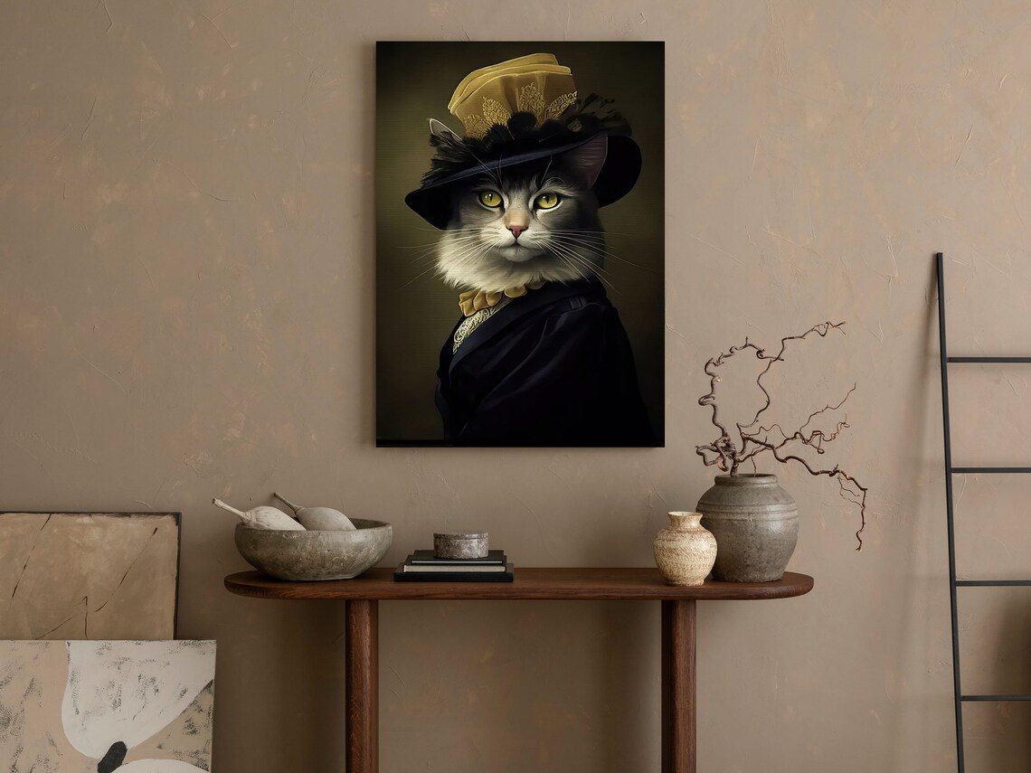 Elegant Gray Cat Lady In Black Feather Hat Vintage Animal Portrait Poster - Image 4