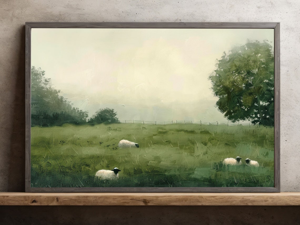 Sheep Grazing In Misty Green Pasture Minimalist Farm Art Poster