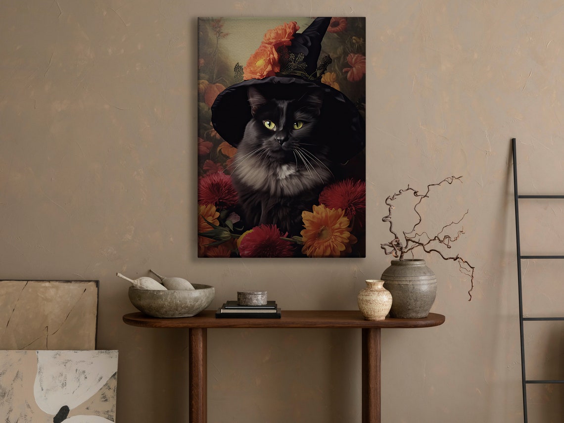 Black Cat In Witch Hat Among Autumn Flowers Portrait Art Print - Image 4