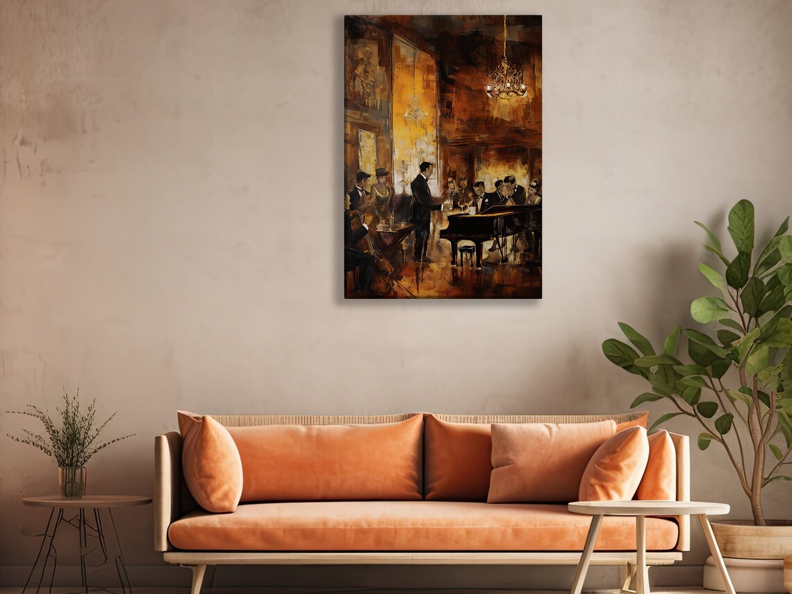 Vintage Jazz Club Grand Piano Cello Elegant Evening Performance Painting Print - Image 2