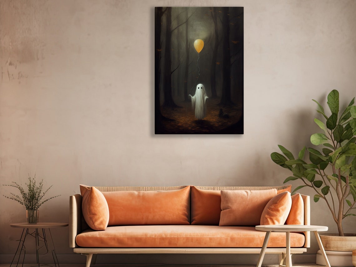 Cute Ghost Yellow Balloon Misty Autumn Forest Spooky Art Poster - Image 4