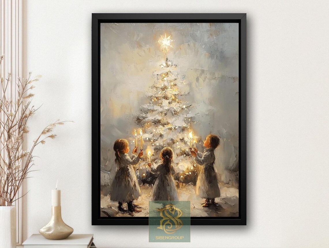 Christmas Night Cottage Tree Art Print, Cozy Decor