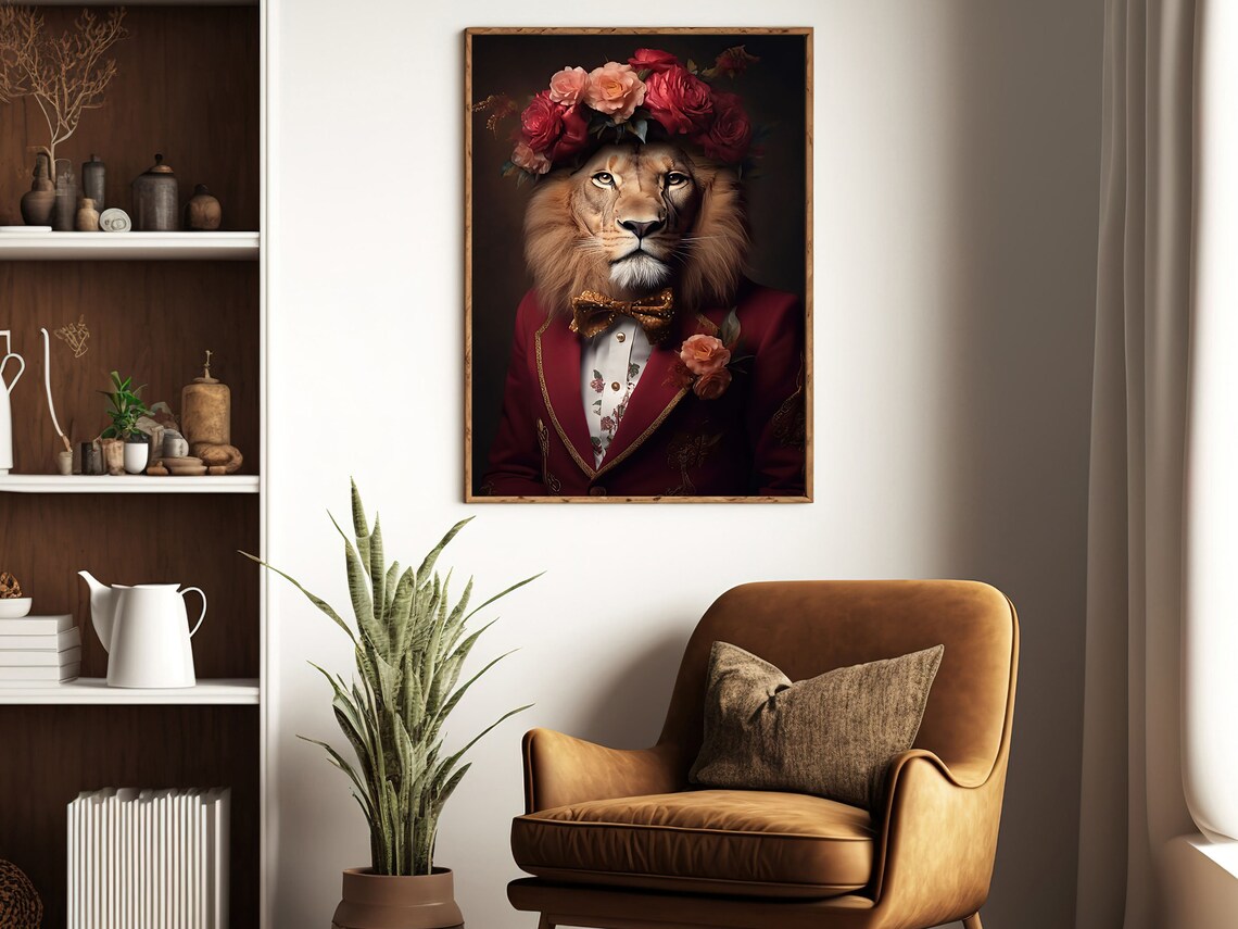 Lion Red Suit Bow Tie Rose Crown Regal Animal Portrait Funny Art Poster - Image 3