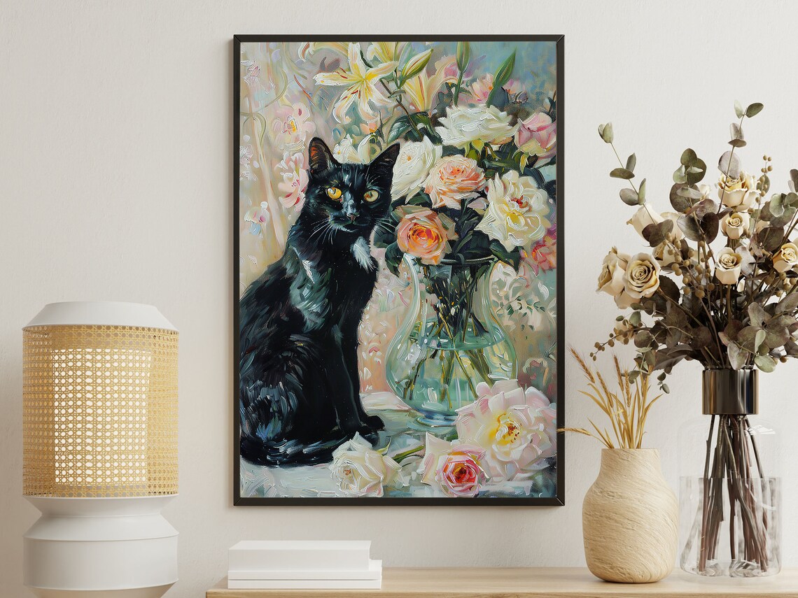 Vintage Cat and Flowers Vase Painting Art Print