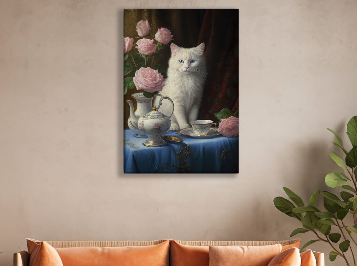 White Cat with Tea Set and Pink Roses Elegant Classic Cat Art Poster - Image 2