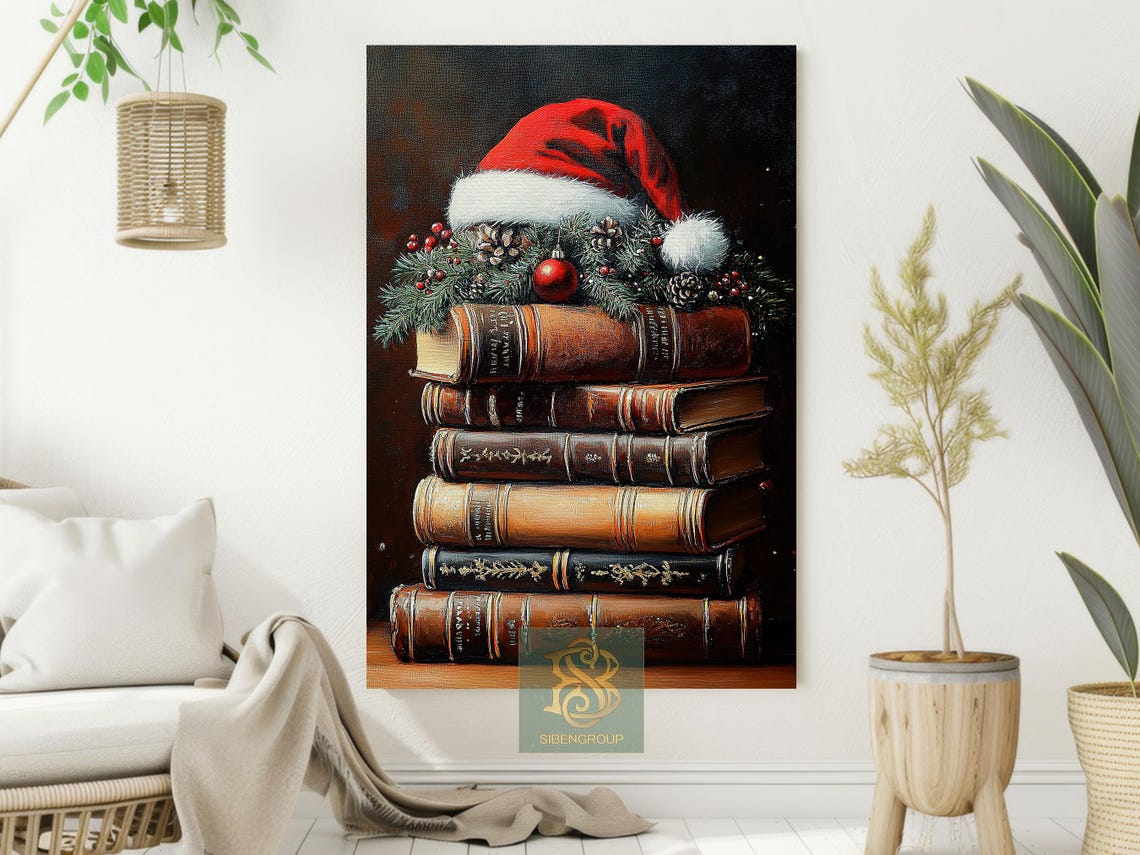 Vintage Stack Of Old Books With Santa Hat Pine Garland Holiday Print - Image 2