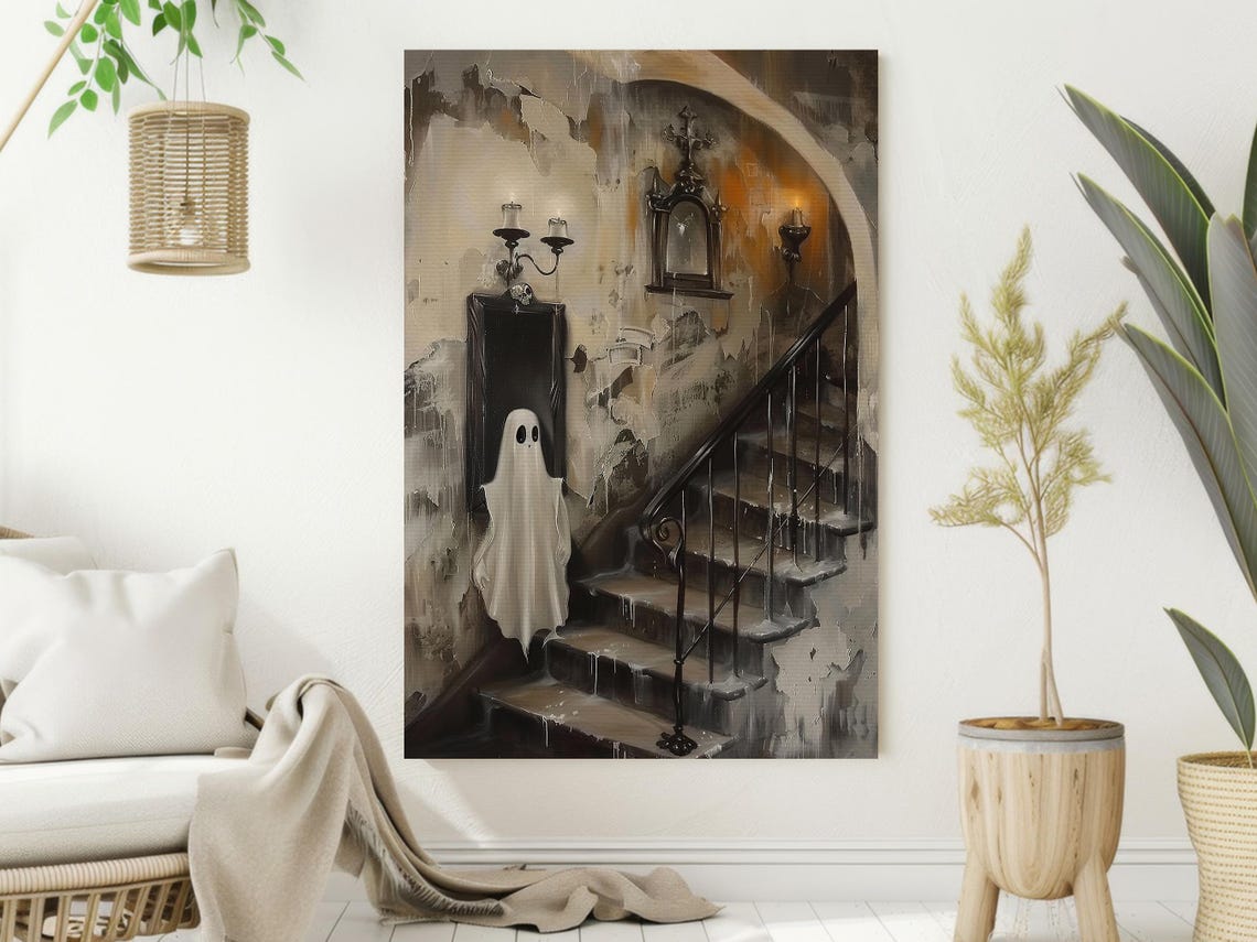 Sheet Ghost on Haunted Manor Staircase Vintage Spooky Painting Poster - Image 2