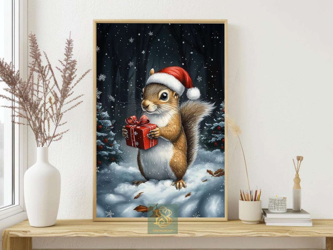 Cute Squirrel in Santa Hat Holding Gift in Snowy Night Forest Poster - Image 4