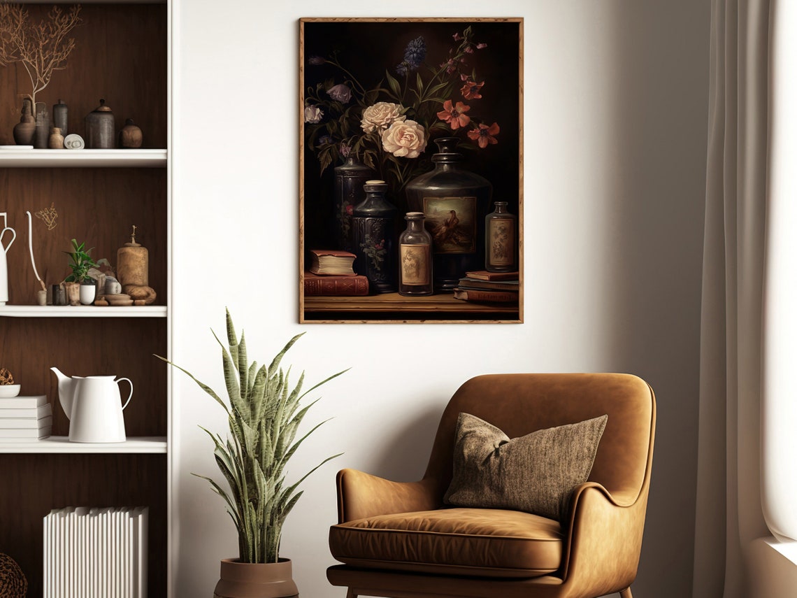 Dark Academia Floral Still Life Roses Antique Bottles Wall Poster - Image 4