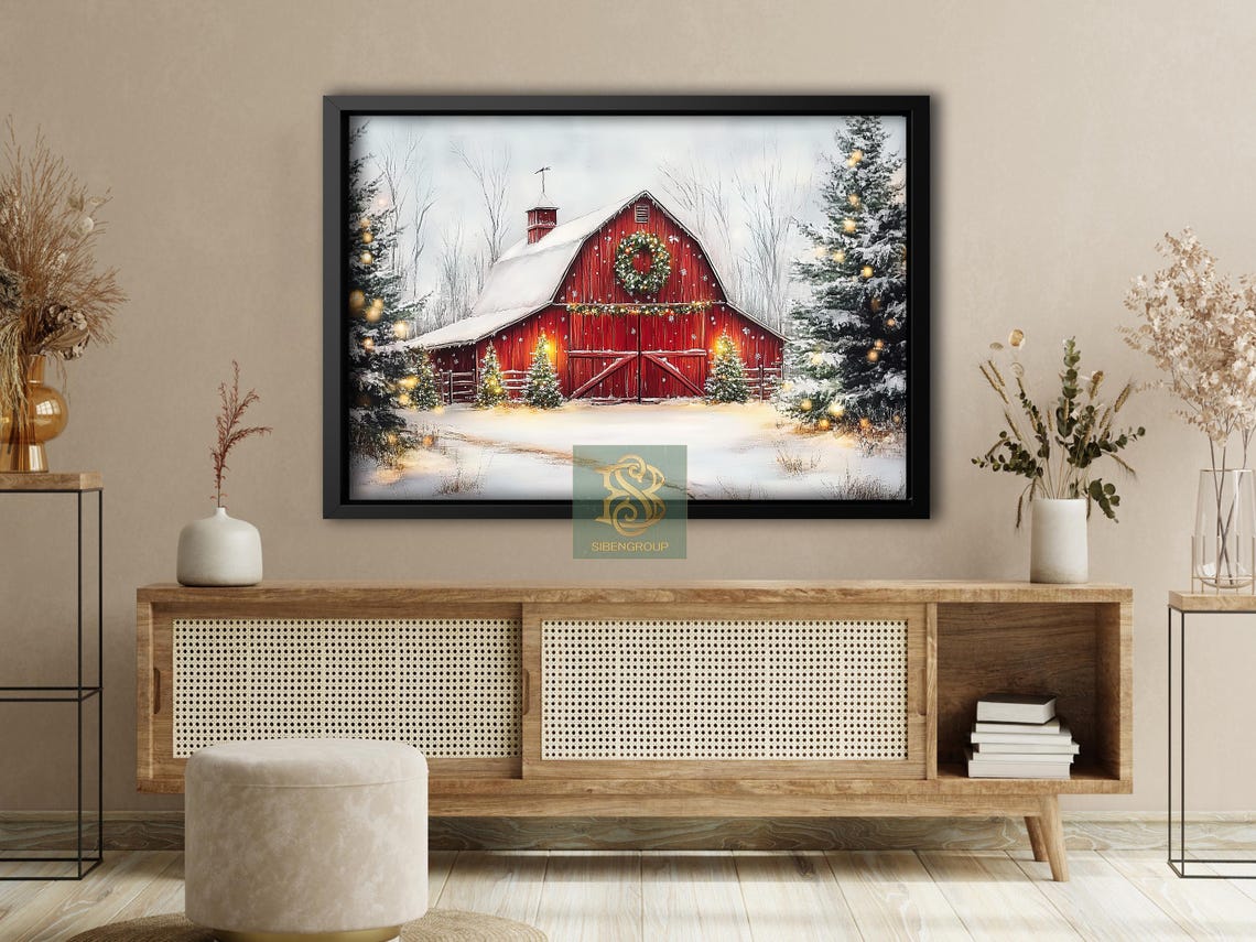 Red Barn In Snow With Christmas Wreath Lights Rustic Winter Poster - Image 4