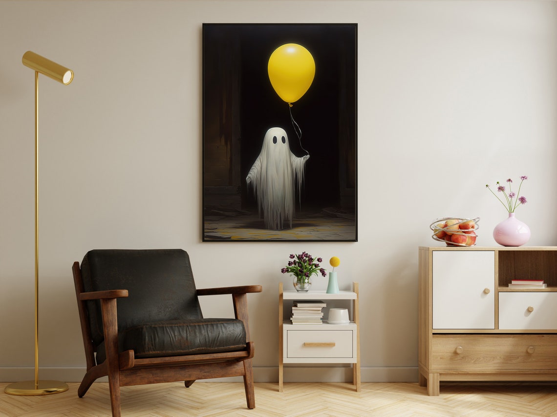 Cute Ghost Holding Yellow Balloon Dark Gothic Halloween Art Poster - Image 4