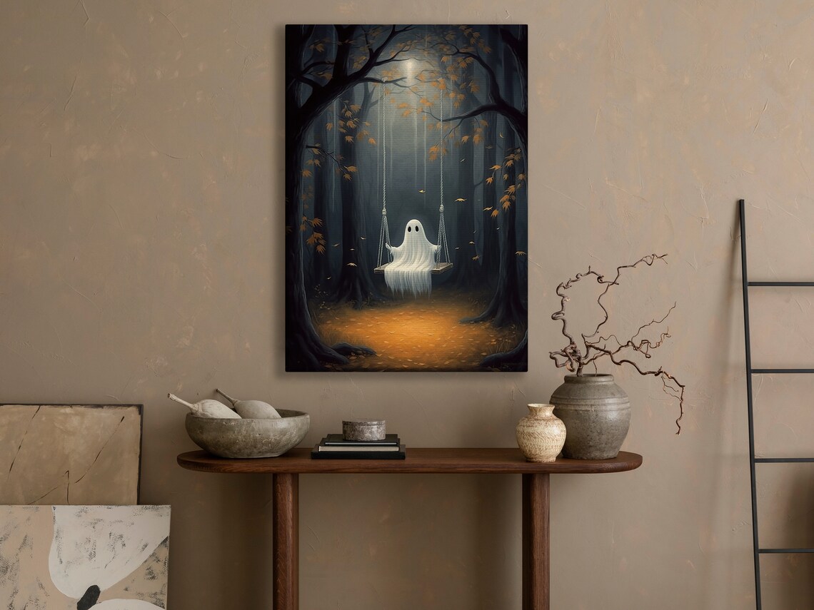Cute Ghost On Swing Misty Autumn Forest Moonlit Halloween Painting Poster - Image 3