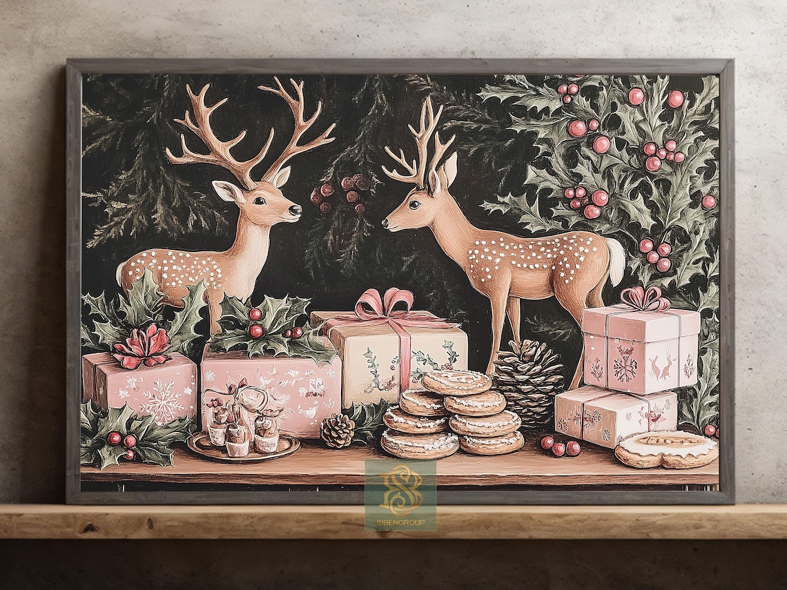 Two Spotted Deer With Christmas Gifts Cookies and Pinecones Poster