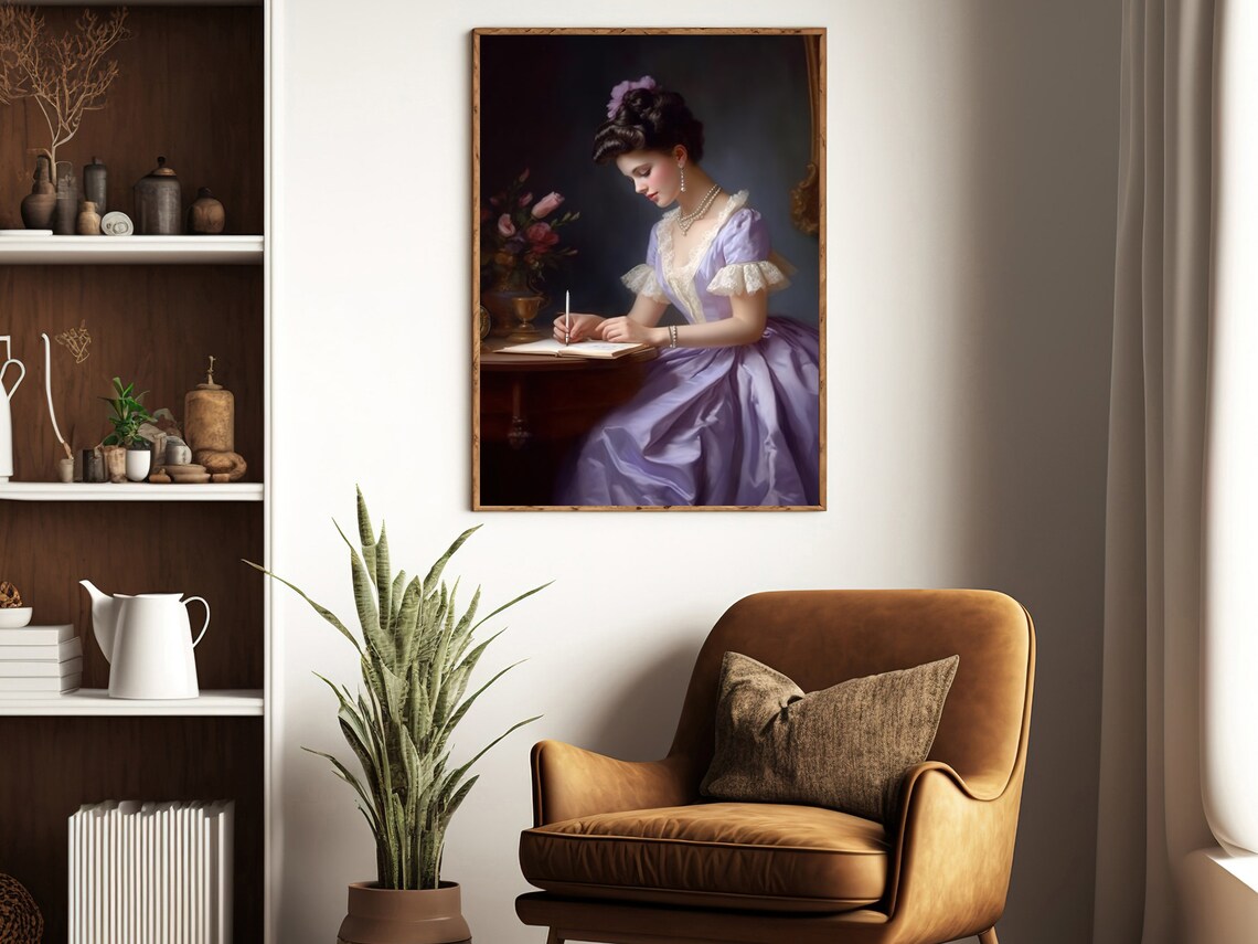 Victorian Lady Lavender Gown Writing Book Desk Classic Portrait Art Poster - Image 2
