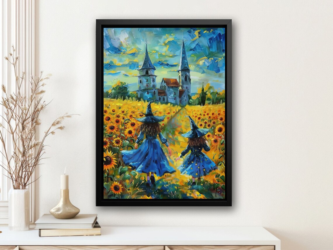 Two Young Witches Sunflower Field Castle Impressionist Halloween Whimsical Art Poster - Image 3