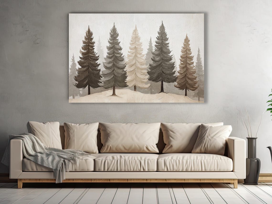 Minimalist Pine Trees Snowy Forest Gray Neutral Winter Wall Art - Image 2