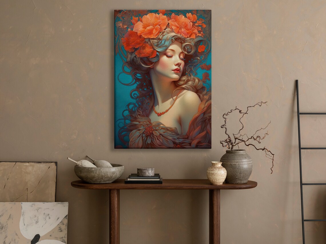 Art Nouveau Woman With Red Poppy Crown On Teal Background Poster - Image 3